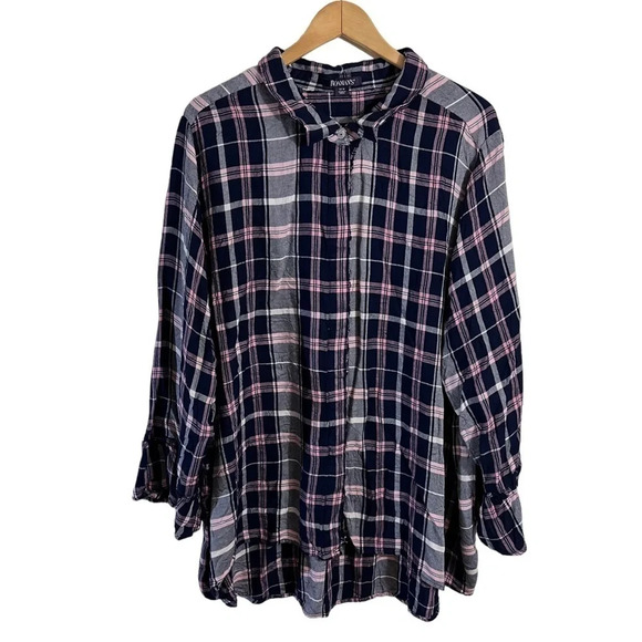 Roamans Plaid Button Up Shirt Plus 32W Navy Blue Pink White Long Sleeve Collared - Picture 1 of 3